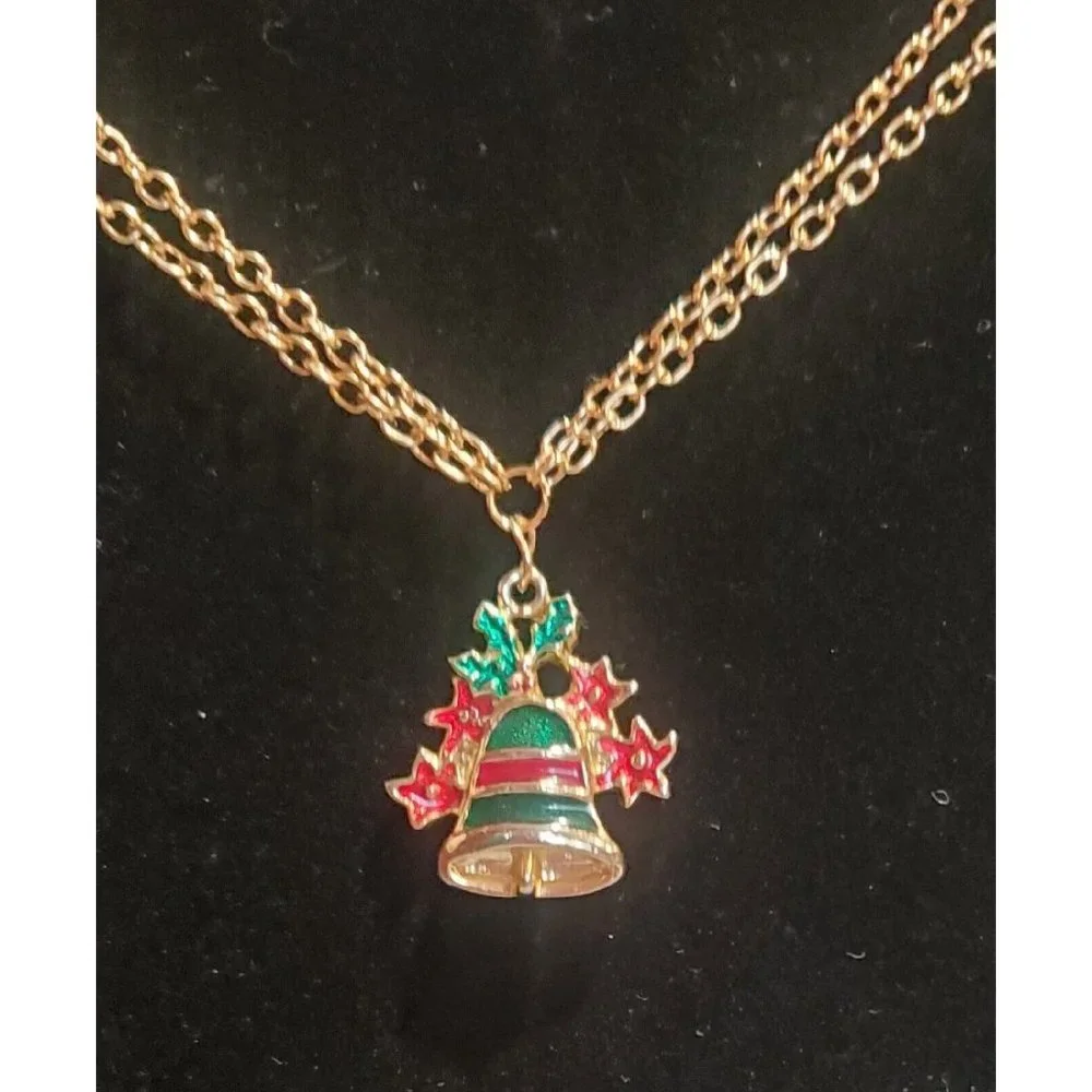 Christmas Bell Pendant Gold Tone Double Chain Necklace 22.5" Holiday Jewelry - Picture 1 of 7
